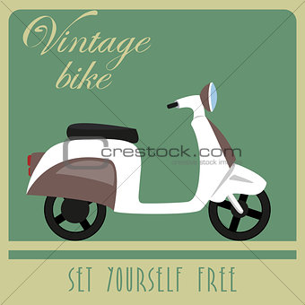 Vintage card of white scooter in retro style.
