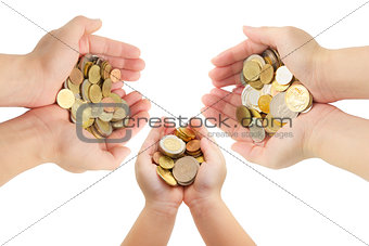 isolated of human's hands holding coins 