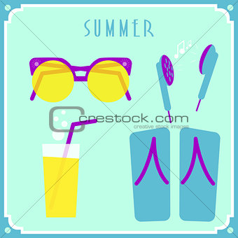 Blue summer card with sunglasses, headphones, cocktail and shoes.