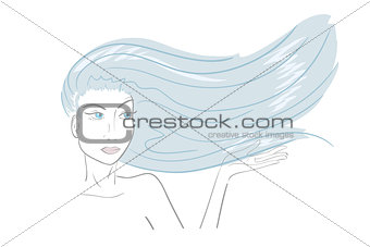 Handdrawn woman wearing blue hair. close-up illustration - paths outlined.