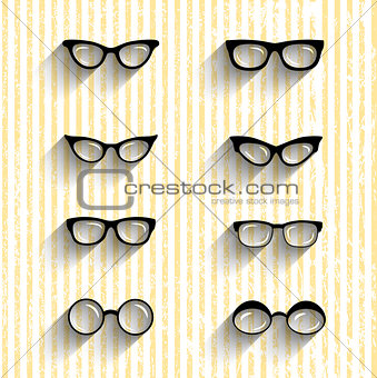 Flat design eyeglasses vector set with shadows on grunge stripes