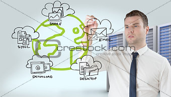 Composite image of young businessman writing with marker