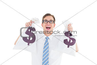 Geeky happy businessman holding bags of money