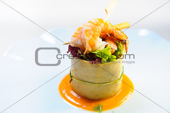 Delicious dish with prawn on a plate