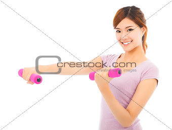 Young woman working out with dumbbells isolated on white 