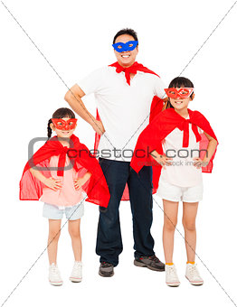 Father and daughters wearing superhero suit. isolated on white