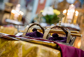 Golden crowns in orthodox wedding ceremony