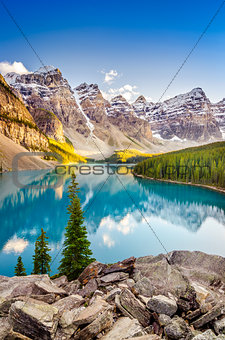 Landscape view of Moraine lake in Canadian Rocky Mountains