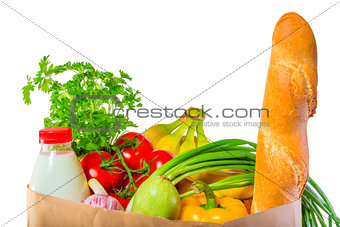 loaf of bread, milk and vegetables in the package on white backg