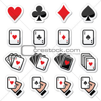 Playing cards, poker, gambling icons set