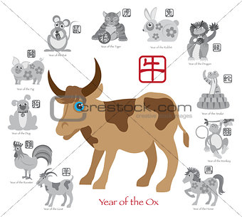 Chinese New Year Ox Color with Twelve Zodiacs Illustration