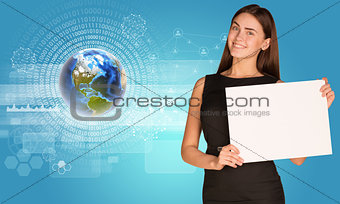 Beautiful businesswoman holding paper holder. Earth with figures and graphs