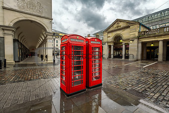 Red Telephone Box at Covent Garden Market on Rainy Day, London, 