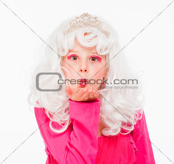 Girl in White Wig and Diadem Posing as Princess