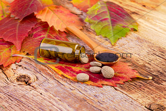 medicine bottle, pills on leaf and syrup in wooden spoon 