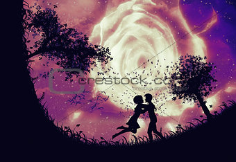 Couple silhouette and rose in the sky