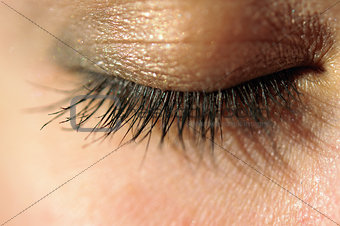Close-up of closed eye with long eyelashes macro