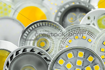 various GU10 LED bulbs with different sizes of chips and cooling