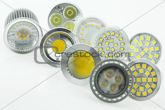 some GU10 LED bulbs with different sizes of chips and cooling
