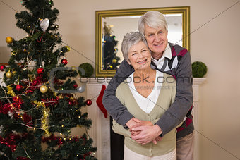 Senior couple hugging beside their christmas tree