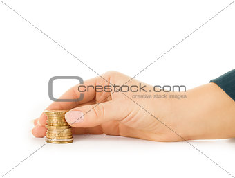 stacks of coins like diagram and hand put coin