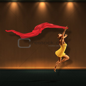 Jumping girl in room with lights