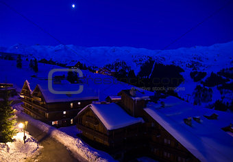 Ski resort in moonlight.