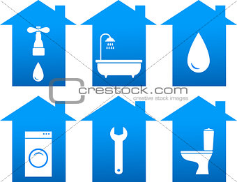 set of bathroom icons with house silhouette