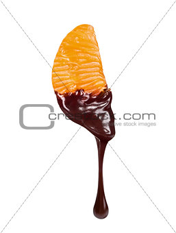 fresh slice of tangerine in chocolate isolated on white backgrou