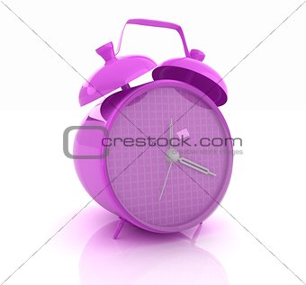 3d illustration of glossy purple alarm clock against white backg