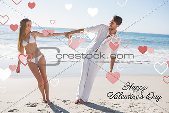 Composite image of couple holding hands and leaning to either side