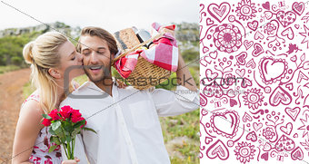 Composite image of cute couple going for a picnic with woman kissing boyfriends cheek