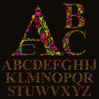 Floral font made with leaves, natural alphabet letters set, vect