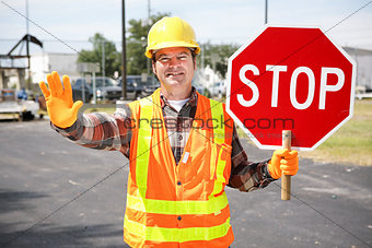 Construction Worker with Stop Sign