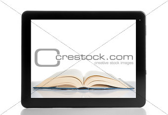 book inside tablet pc isolated on white background