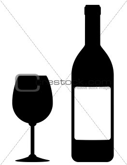 wine bottle with blank label and glass