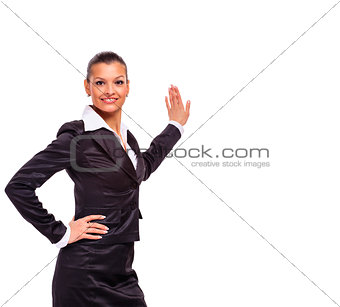 Happy smiling business woman showing blank signboard