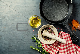 food background with cast iron skillet,