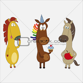 Set of funny horses cartoon character
