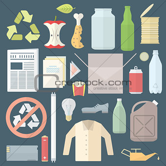 color flat style separated waste icons and signs