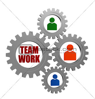 teamwork and person signs in silver grey gearwheels