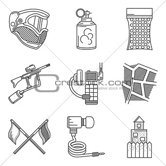Black line icons vector collection of paintball accessory