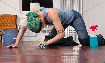 Blue Collar Worker Maid Doing Cleaning Chores Scrubbing Floor