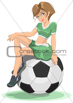 Cheerleader girl sitting on the soccer ball