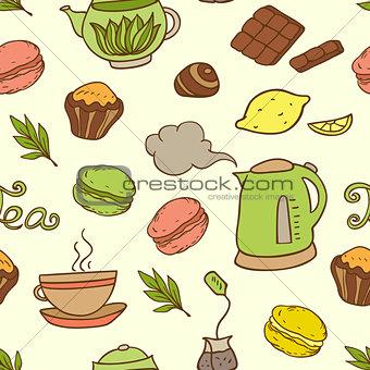 Seamless pattern with teapot and cakes