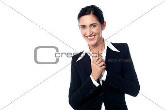 Happy corporate woman over white