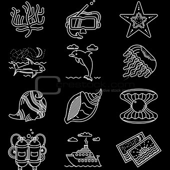 Sea life white line icons vector collection