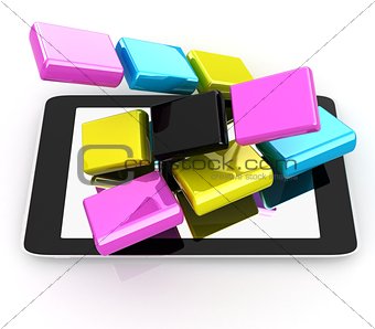 Tablet PC with colorful CMYK application icons isolated on white