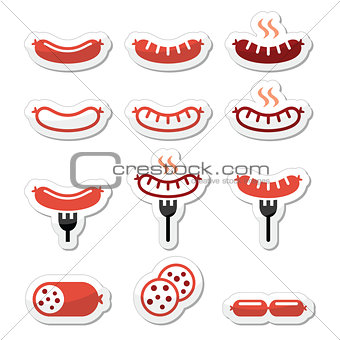 Sausage, grilled, with fork colorful icons set