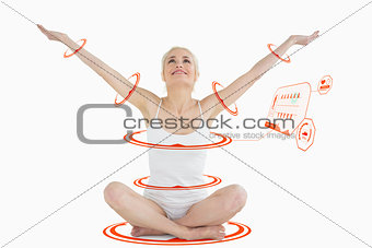 Composite image of toned young woman sitting with arms outstretched
